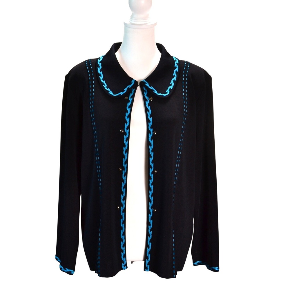 Ming Wang Collared Knit Cardigan Work Fall Black Blue Trim Estimated XL Granny